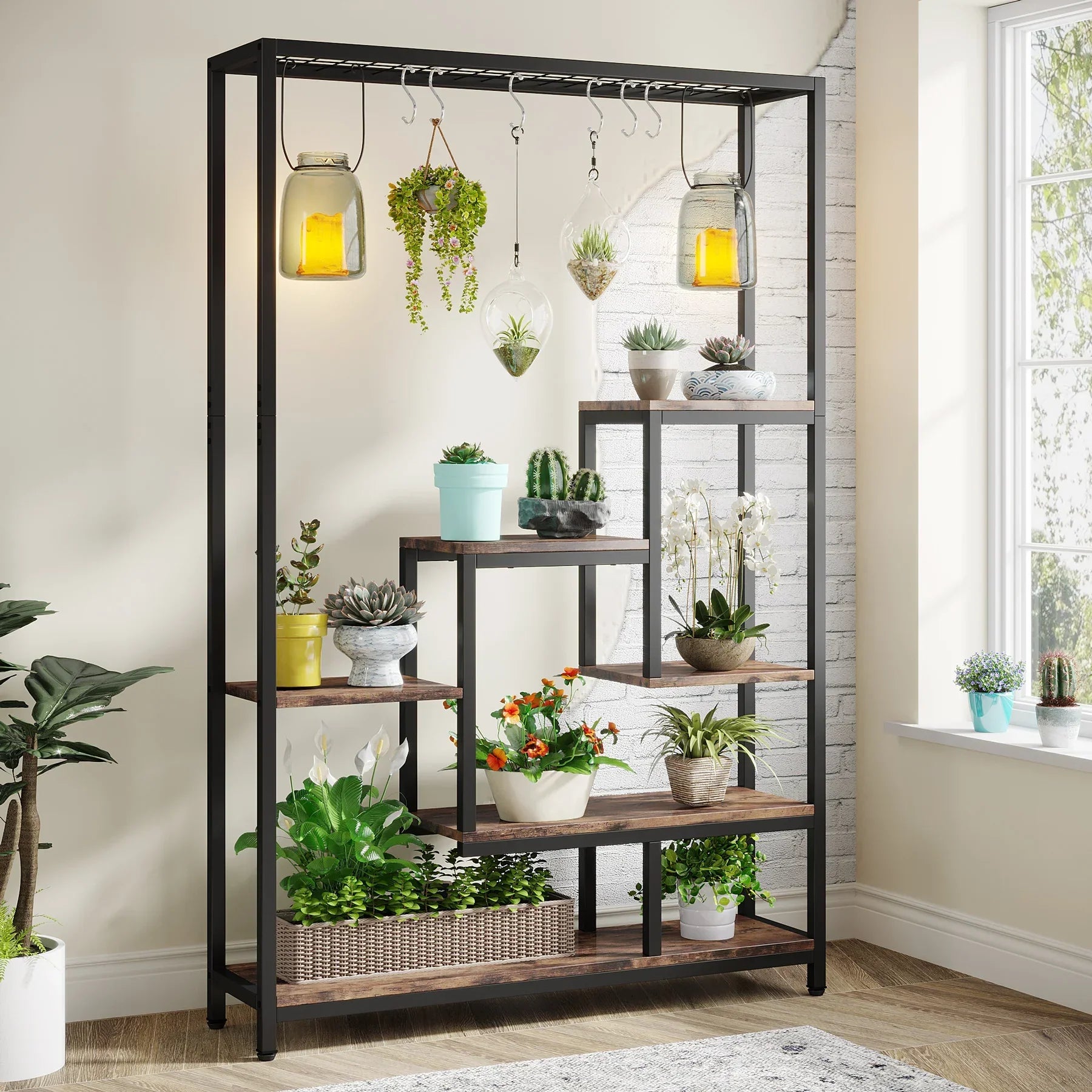 DecorBites™ 5-Tier Tall Metal Plant Stand with Hanging Hooks
