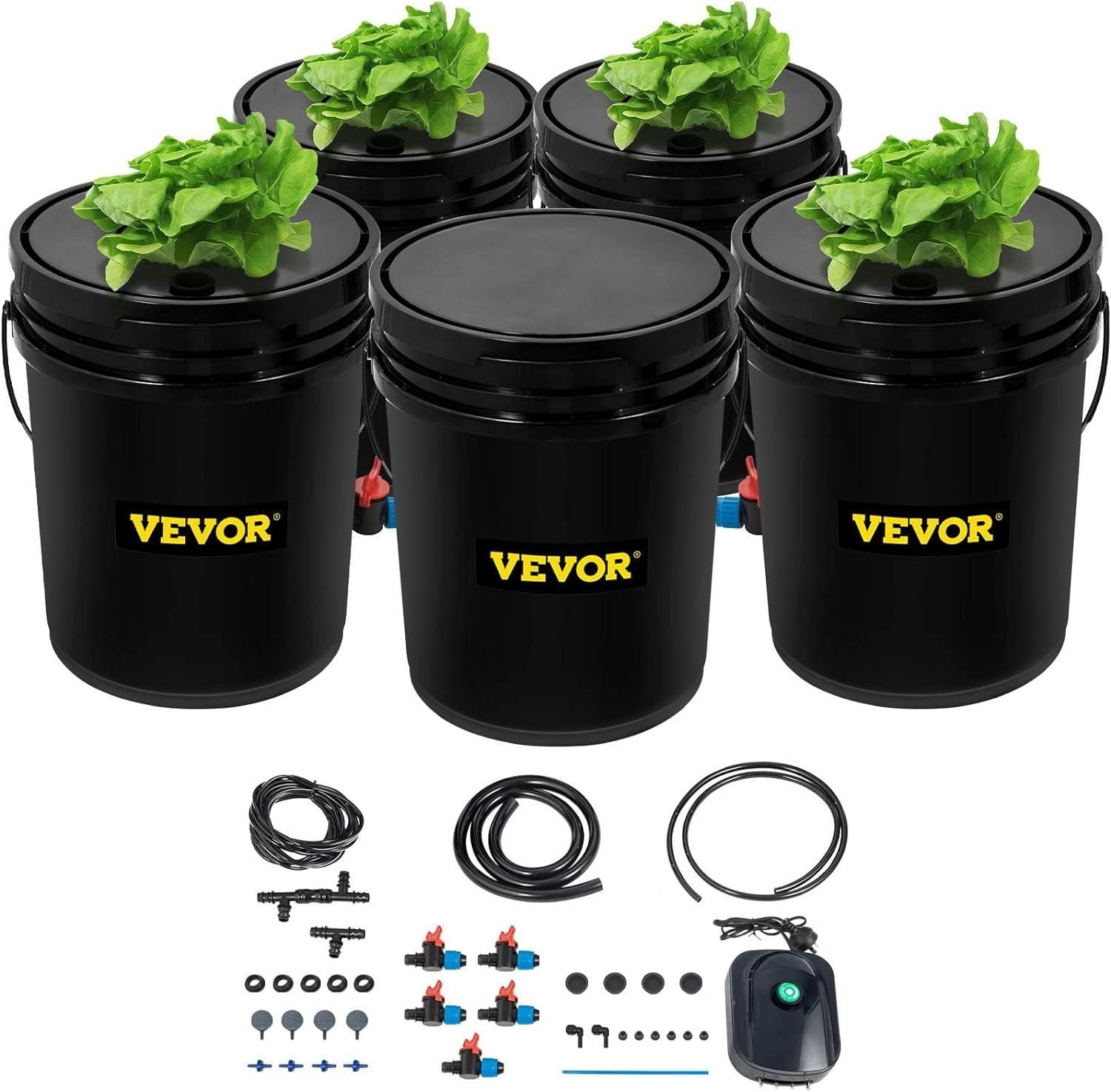 DWC Hydroponic System, 5 Gallon 5 Buckets, Deep Water Culture Growing Bucket, Hydroponics Grow Kit with Pump, Air Stone and Connected Reservoir, for Indoor/Outdoor Leafy Vegetables