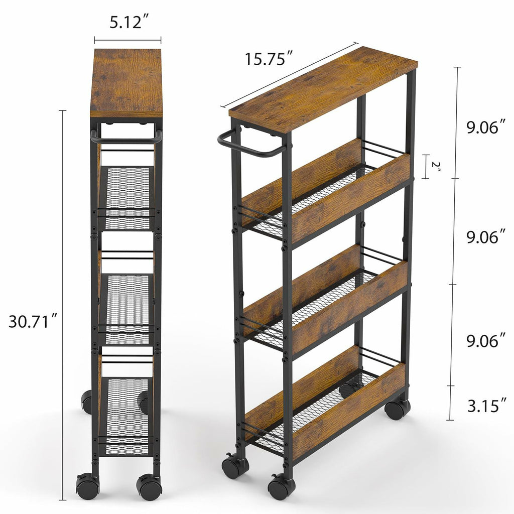 NATURE'S SOURCE 4 Tier Slim Rolling Storage Cart Metal Frame Wood Top Black