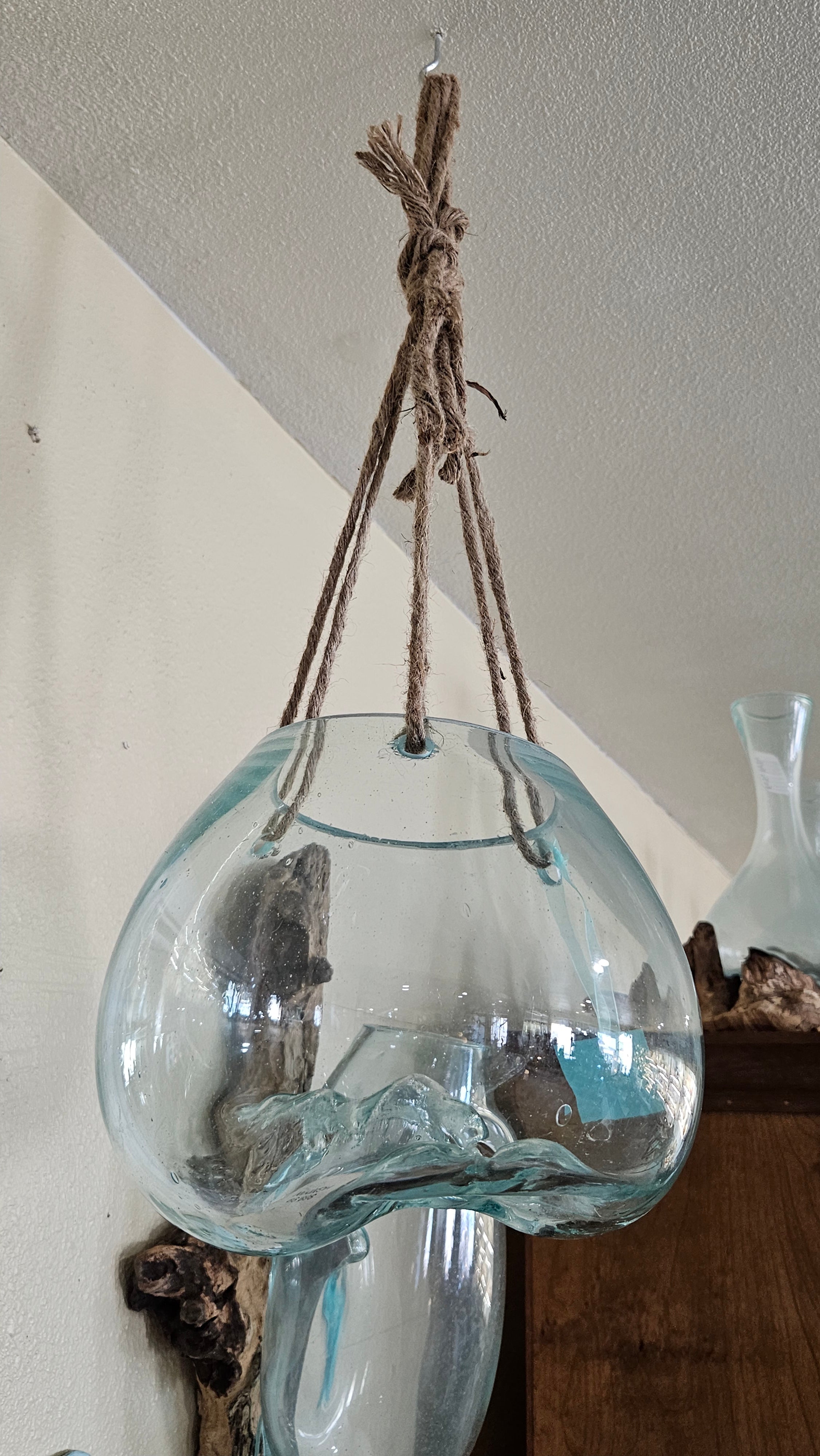 Hanging Fluid Freeform Glass Molten Terrarium with Rope